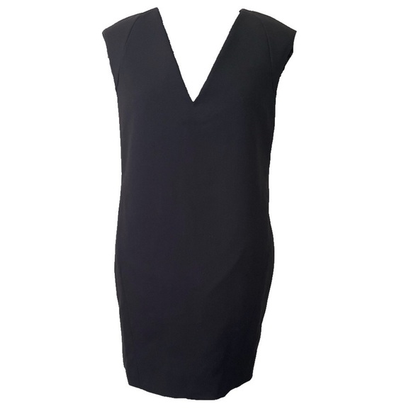 Zara Basic Black V Neck Viscose Blend Dress with Padded Shoulder • Size L 🗣 - Picture 1 of 4